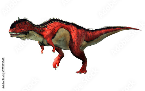 Fototapeta Naklejka Na Ścianę i Meble -  A red and white Rajasaurus with black stripes on a white background. Rajasaurus was an abelisaurid theropod dinosaur of the Late Cretaceous in India. 3D Rendering