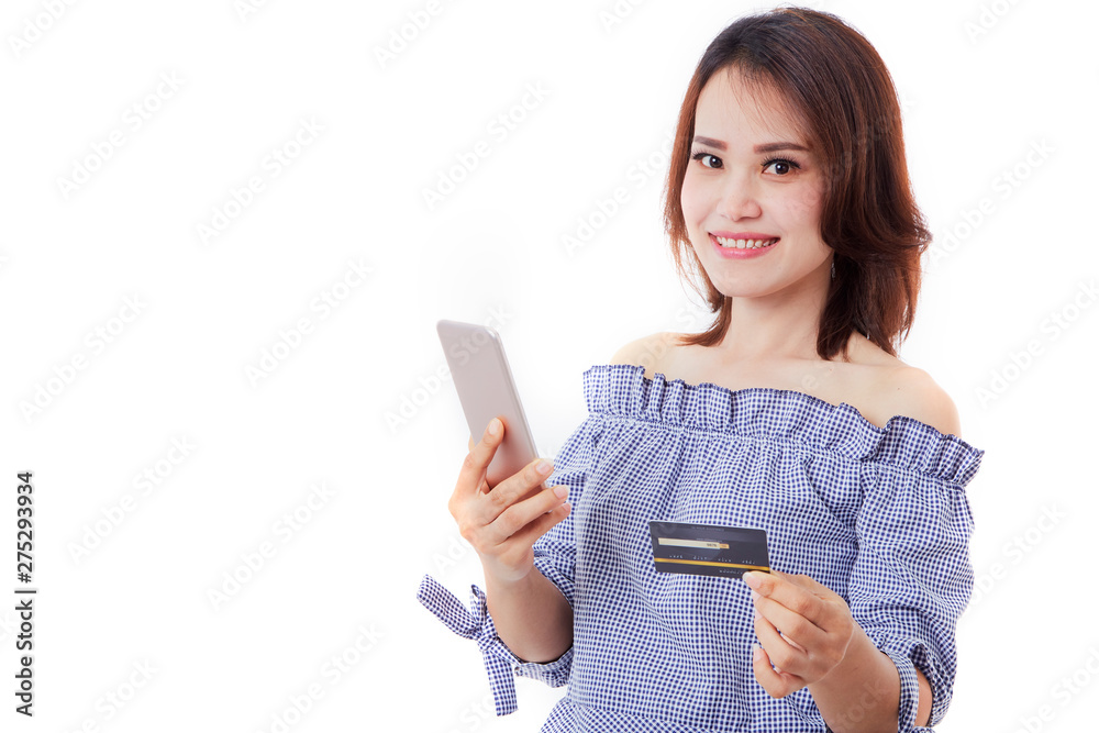 Asian woman holding smartphone and credit Asian woman holding smartphone and credit