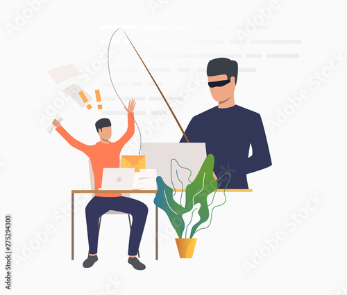 Burglar hacking into office email server. Hacker holding fishing tackle with hooked letter of employee. Cybercrime concept. Vector illustration can be used for scammer attack, fraud, security