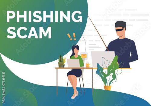 Burglar holding fishing tackle with hooked envelope. Phishing scam presentation slide template. Cybercrime concept. Vector illustration can be used for hacker attack, data protection, phishing