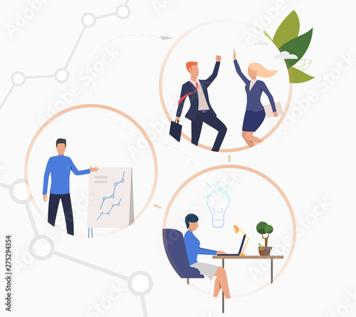 Business people working on project. Coworkers celebrating success, holding presentation, thinking over new idea. Business concept. Vector illustration can be used for professionals, office, startup