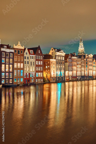 Photography Brick houses and canal in amsterdam at night