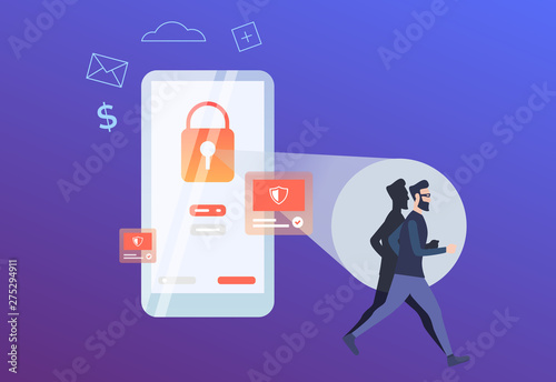 Hacker running from red lock on phone screen. Smartphone with alert notifications. Hacker attack failure concept. Vector illustration can be used for data security, cybercrime, scammer