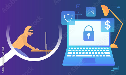 Hacker working on computer on blue background. Laptop monitor with lock on screen, fire, money, email, shield signs. Hacker attack concept. Vector illustration can be used for cybercrime and security
