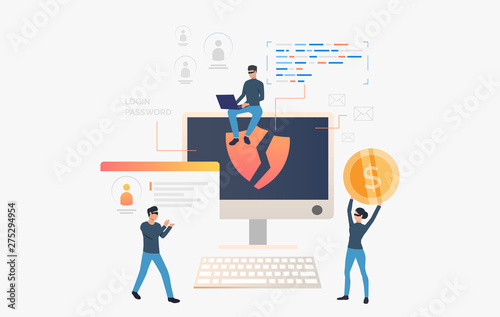 Hackers stealing personal data and money. Cartoon criminals carrying ID card and money. Hacker attack concept. Vector illustration can be used for fraud computer data, hacker identity, cyber thieves
