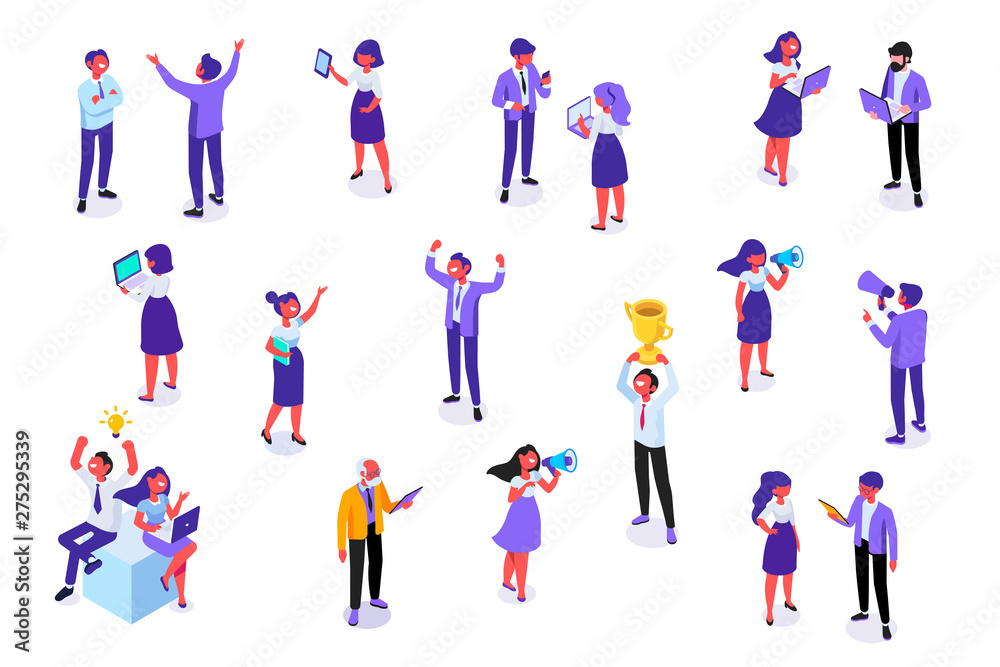 Isomeric business people vector set. Office life, team. Big idea. Celebration,business success. Flat vector characters isolated on white background.	