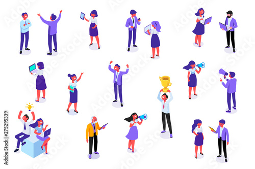 Isomeric business people vector set. Office life  team. Big idea. Celebration business success. Flat vector characters isolated on white background. 