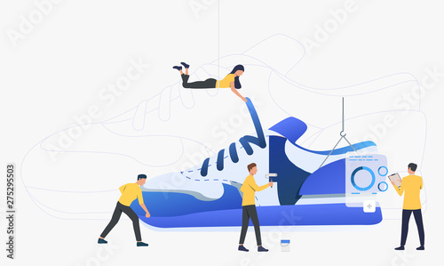 Team of sneakers designers working on new model. People lacing and painting boot, analyzing graphs. Fashion concept. Vector illustration can be used for sport brand, footwear production, marketing