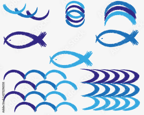 Set of grunge brushes of natural colors of sea and sky on white background. Vector illustration of painted waves, clouds, fish in Japanese style with watercolor for banners, for advertising, posters.