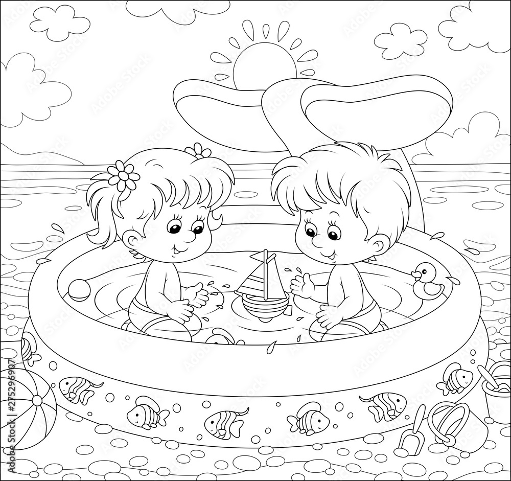 Fototapeta Szczęśliwe małe dzieci z zabawkami bawiące się w nadmuchiwanym brodziku w pobliżu wody na plaży w słoneczny letni dzień, czarno-białe ilustracje wektorowe w stylu kreskówki