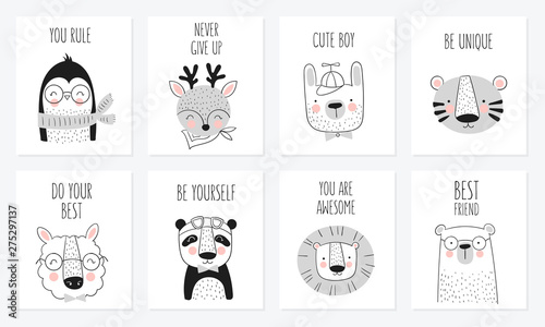 Vector collection of cards cute hand drawn animals and slogan