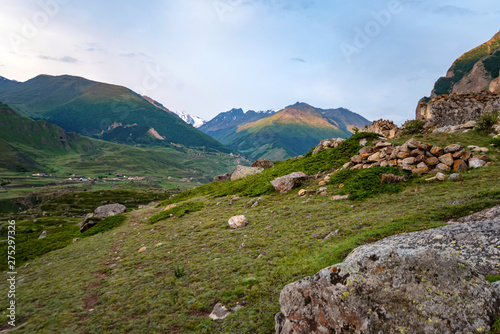View of ruins of medieval tombs in City of Dead near Eltyulbyu, Russia