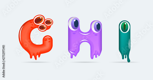 GHI funny monster cartoon letters. Vector illustration. Monsters background
