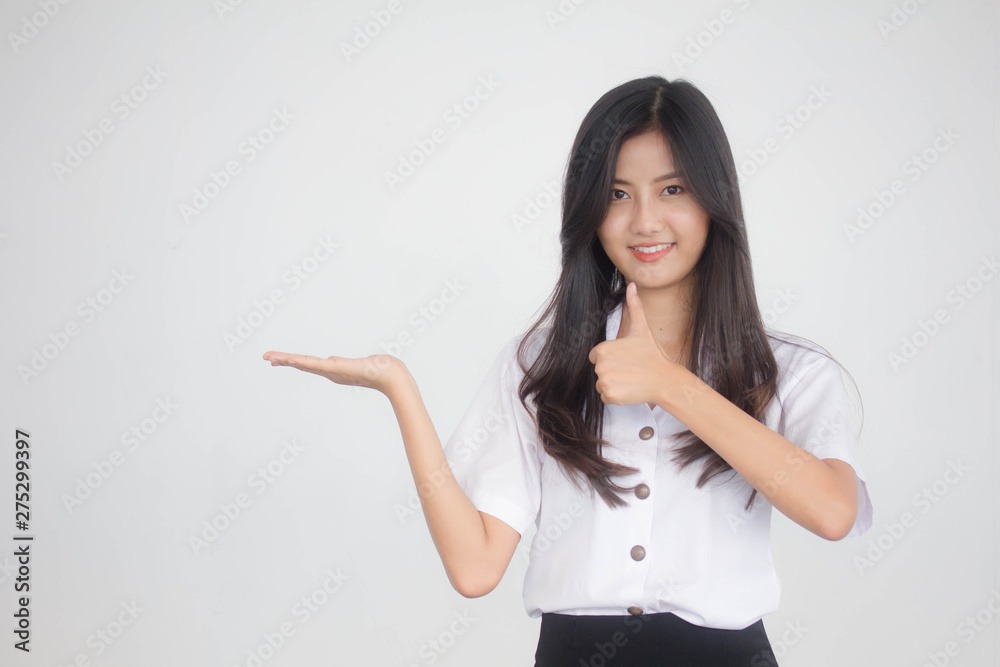 Portrait of thai adult student university uniform beautiful girl show hand Portrait of thai adult student university uniform beautiful girl show hand