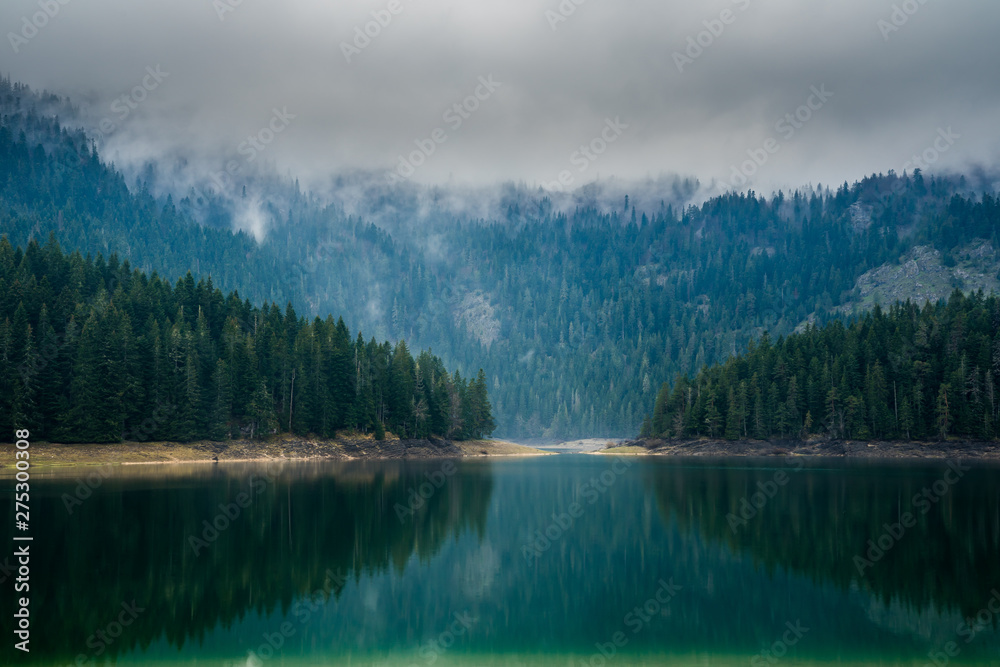 Montenegro, Calm waters of black lake nature paradise in durmitor national park landscape in foggy mood in the evening