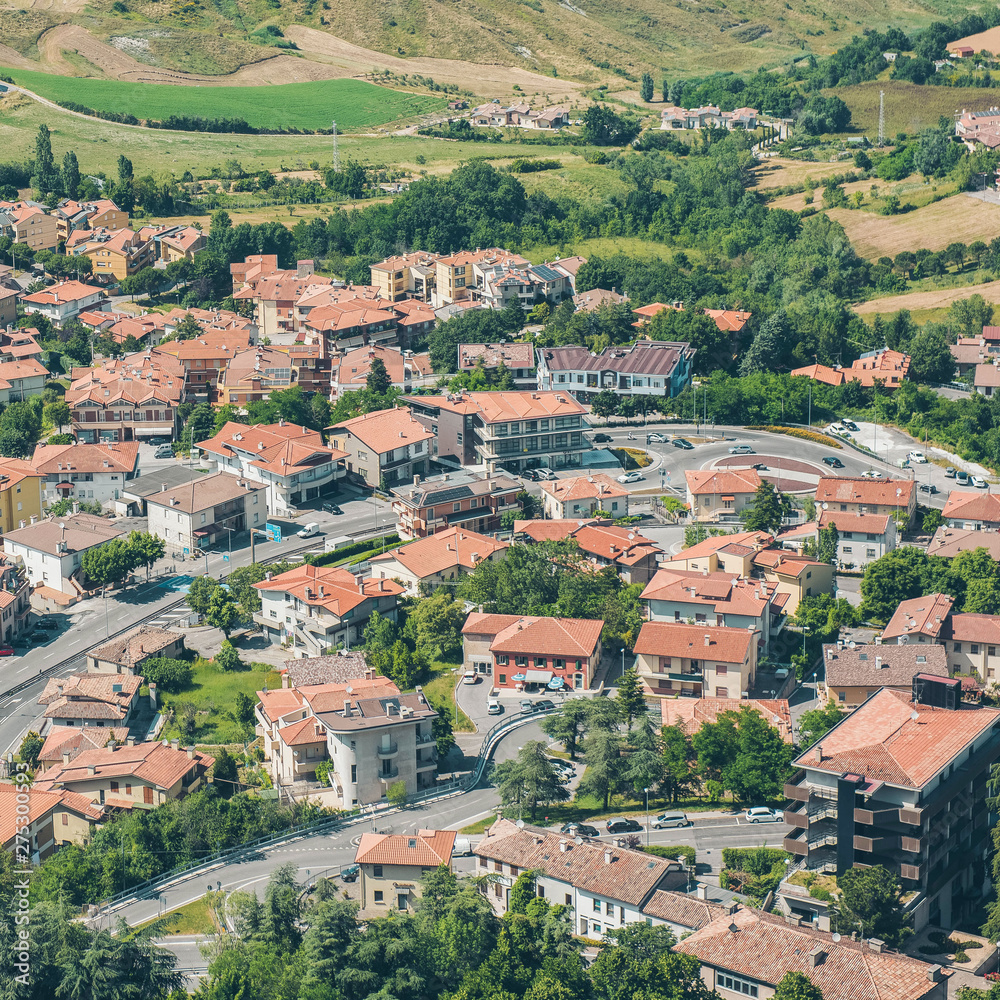 Panorama of Republic of San Marino. San Marino Suburban districts and Italian hills view from above. 