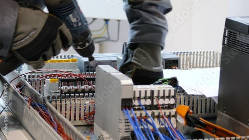 Electrician installing wires, cables into a electricity power shield, fuse box.
