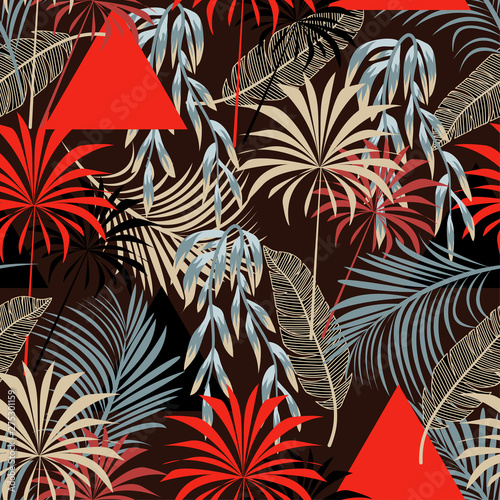 Trendy abstract seamless pattern with colorful tropical leaves and flowers on a Burgundy background. Vector design. Jungle print. Floral background. Printing and textiles. Exotic tropics. Summer 