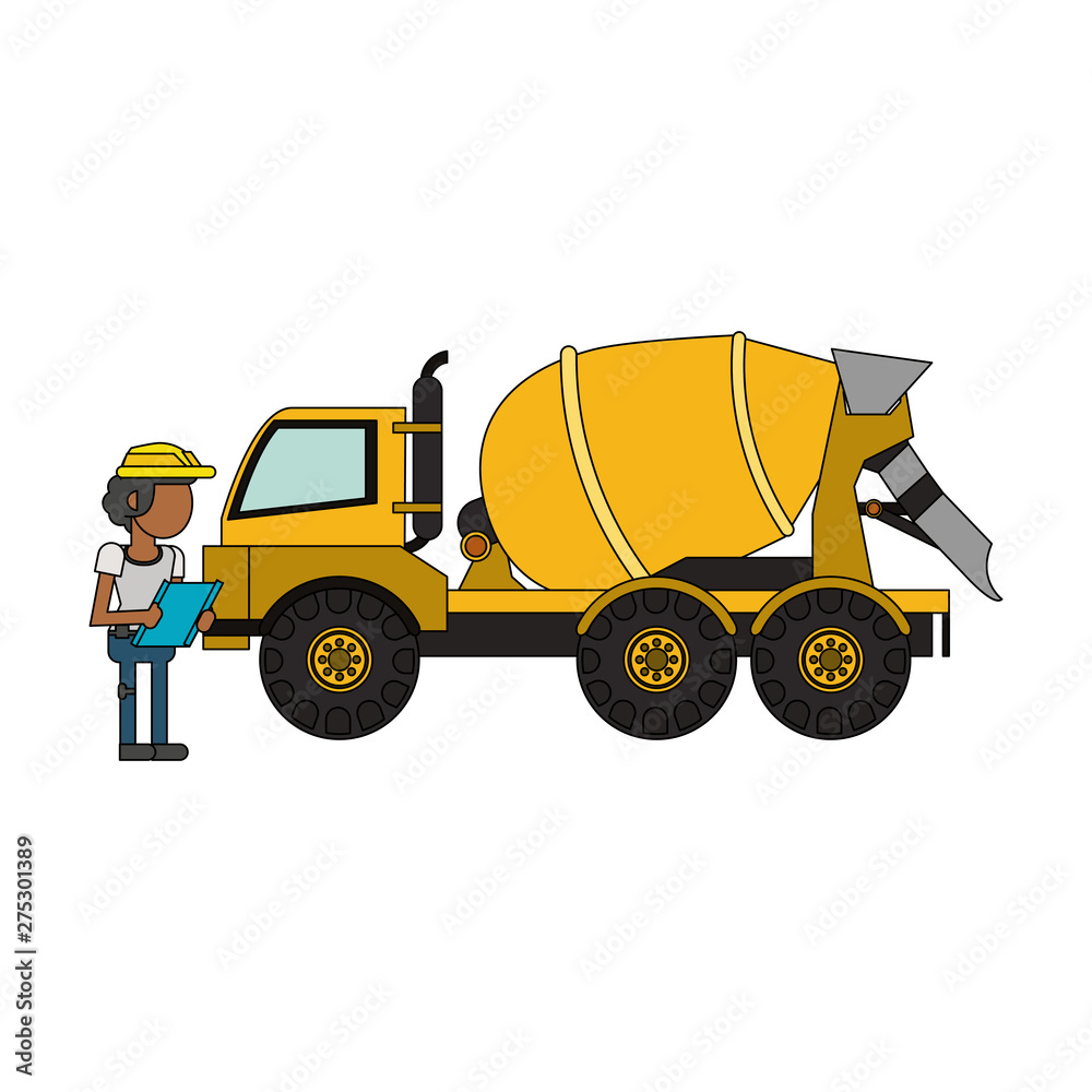 Construction worker with vehicle cartoon faceless