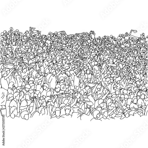 crowd of people on stadium cheering soccer with scarf vector illustration sketch doodle hand drawn with black lines isolated on white background