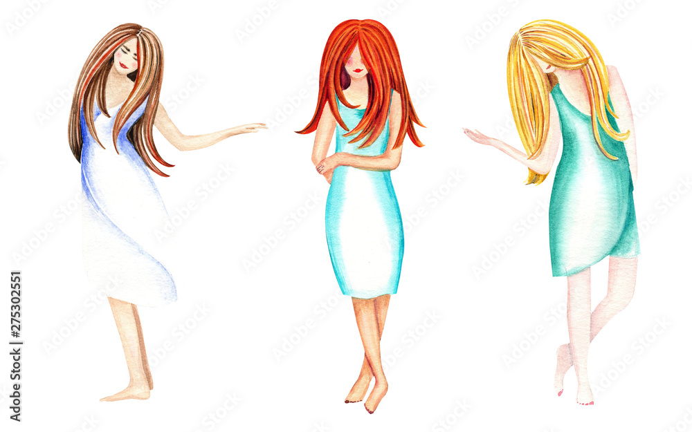 Illustration with three ladys. Blond, red hair, brunette hair dansing girls. Isolated elements on a white background .Hand painted in watercolor. Illustration with three ladys. Blond, red hair, brunette hair dansing girls. Isolated elements on a white background .Hand painted in watercolor.