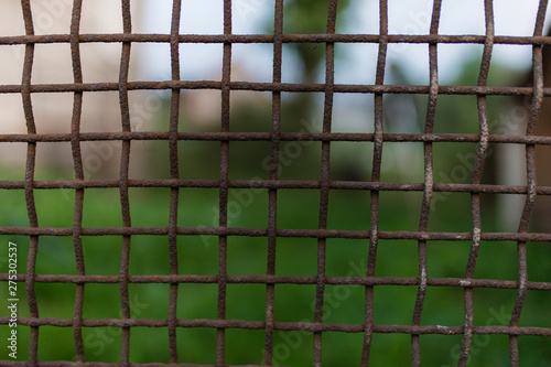 Close up of old iron grate or grille with rust on natural green blurred background