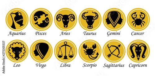Set of twelve signs of the zodiac on the background of gold circles. Prediction of the future. Vector illustration. Isolated on white background