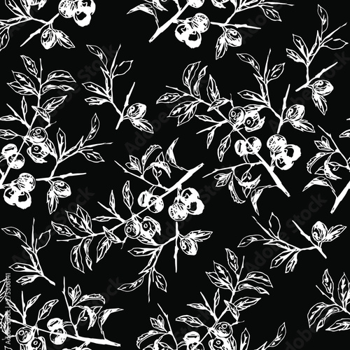 Seamless floral black and white pattern with tree branches with leaves and berries or fruits. Vintage style.
