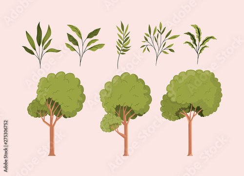 green leafs and trees natural set icons