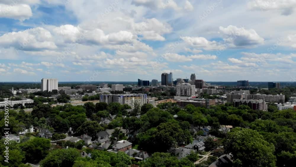 Drone shot of downtown Raleigh NC and surrounding area