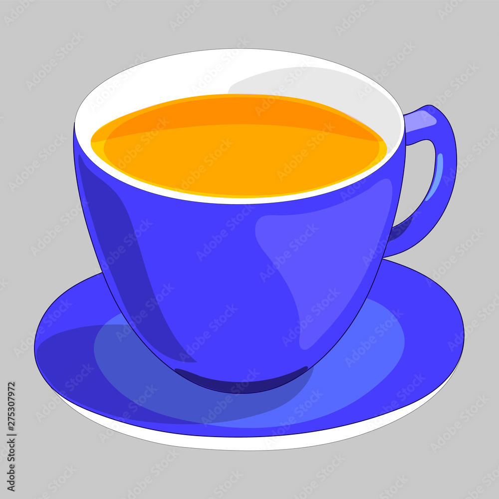 Flat drawing of a Cup and saucer . The blue mug is filled with tea. Tea party. Isolated, grey. Vector Flat drawing of a Cup and saucer . The blue mug is filled with tea. Tea party. Isolated, grey. Vector