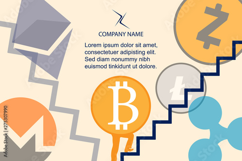 Background template for bitcoin, cryptocurrency, stock trading, business and financial companies. Image of a coin with legs walking up the stairs. Modern vector illustration with main basic altcoins.