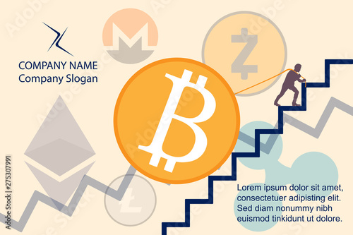 Background for bitcoin price and new hype cryptocurrency. Silhouette of businessmen pulling a coin up a stair. Modern vector template with illustration man - stock bull, exchange trade.