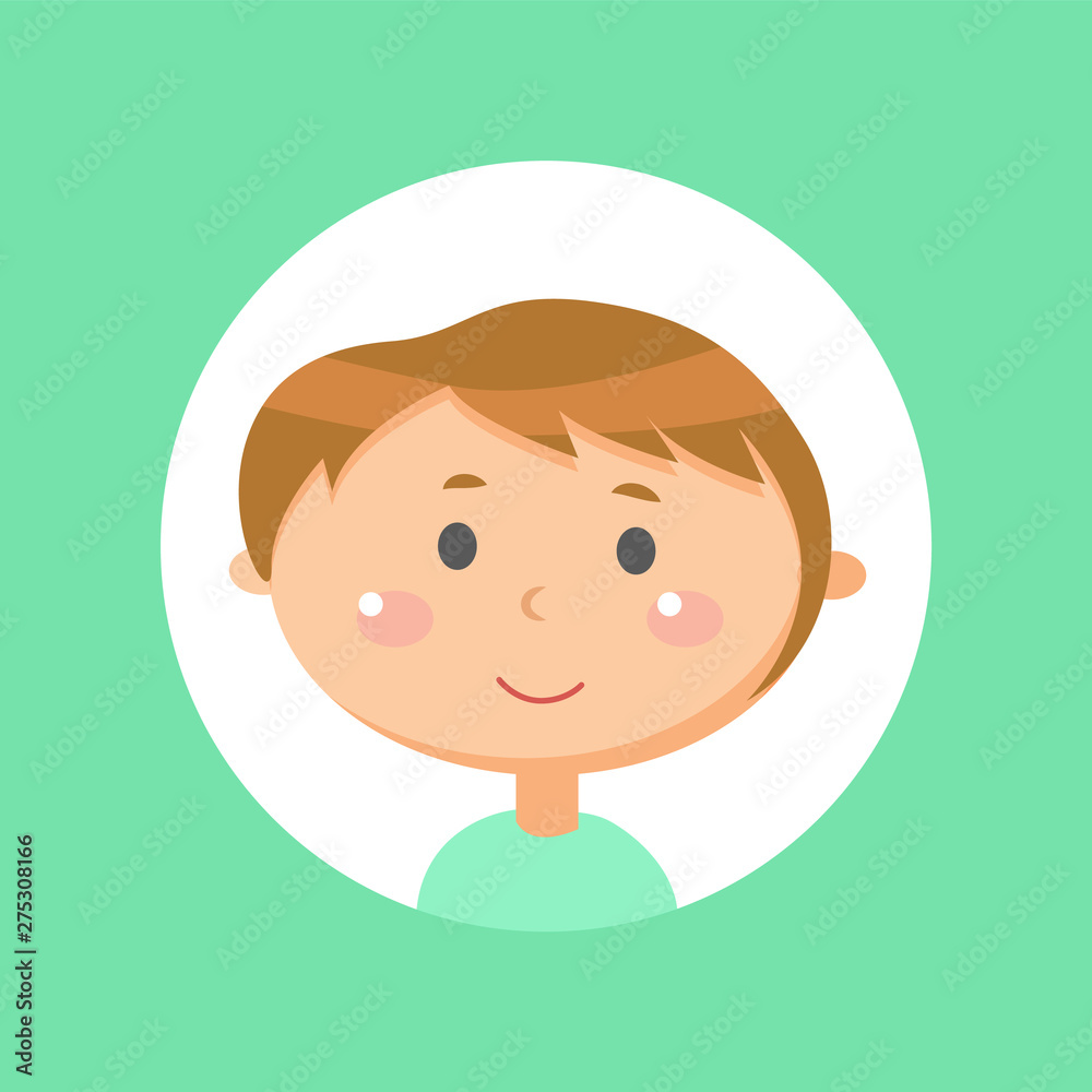 Boy portrait view, smiling teenager in flat style isolated on green, emotion of kid, child in casual clothes, sticker of little person in round icon vector Boy portrait view, smiling teenager in flat style isolated on green, emotion of kid, child in casual clothes, sticker of little person in round icon vector