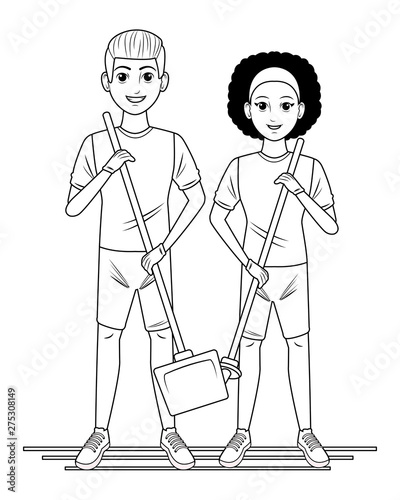 cleaning service person avatar cartoon character in black and white