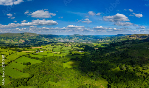 Aerial panorama of green fields and farmland in rural South Wales © whitcomberd