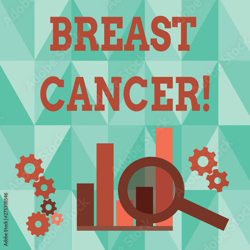 Word writing text Breast Cancer. Business photo showcasing Malignant tumour arising from the cells of the breast Magnifying Glass Over Bar Column Chart beside Cog Wheel Gears for Analysis