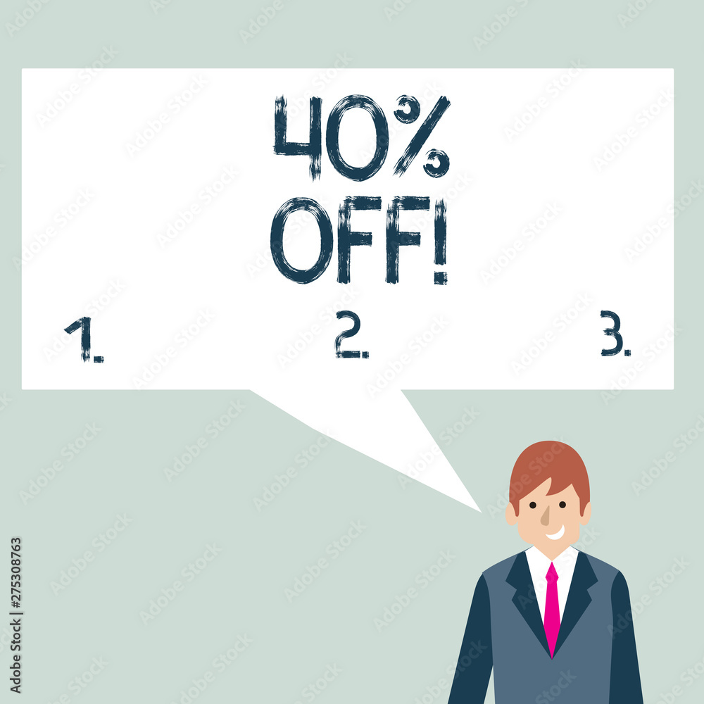 Writing note showing 40 Percent Off. Business concept for 40 percent reduction on the original price of a product Businessman Smiling and Talking Blank Color Speech Bubble Writing note showing 40 Percent Off. Business concept for 40 percent reduction on the original price of a product Businessman Smiling and Talking Blank Color Speech Bubble