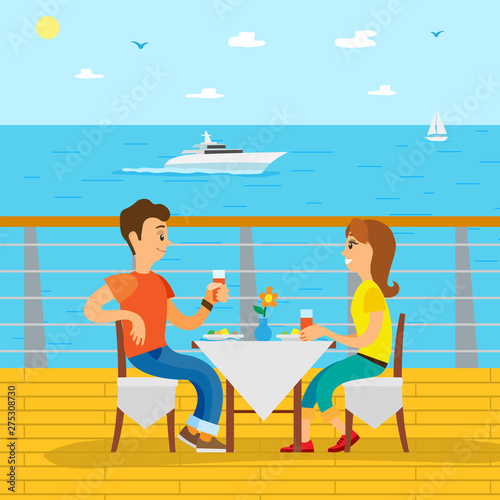 Dinning time of man and woman on cruise ship, side view of couple sitting at serevered table, people eating outdoor, ocean view with yacht vector