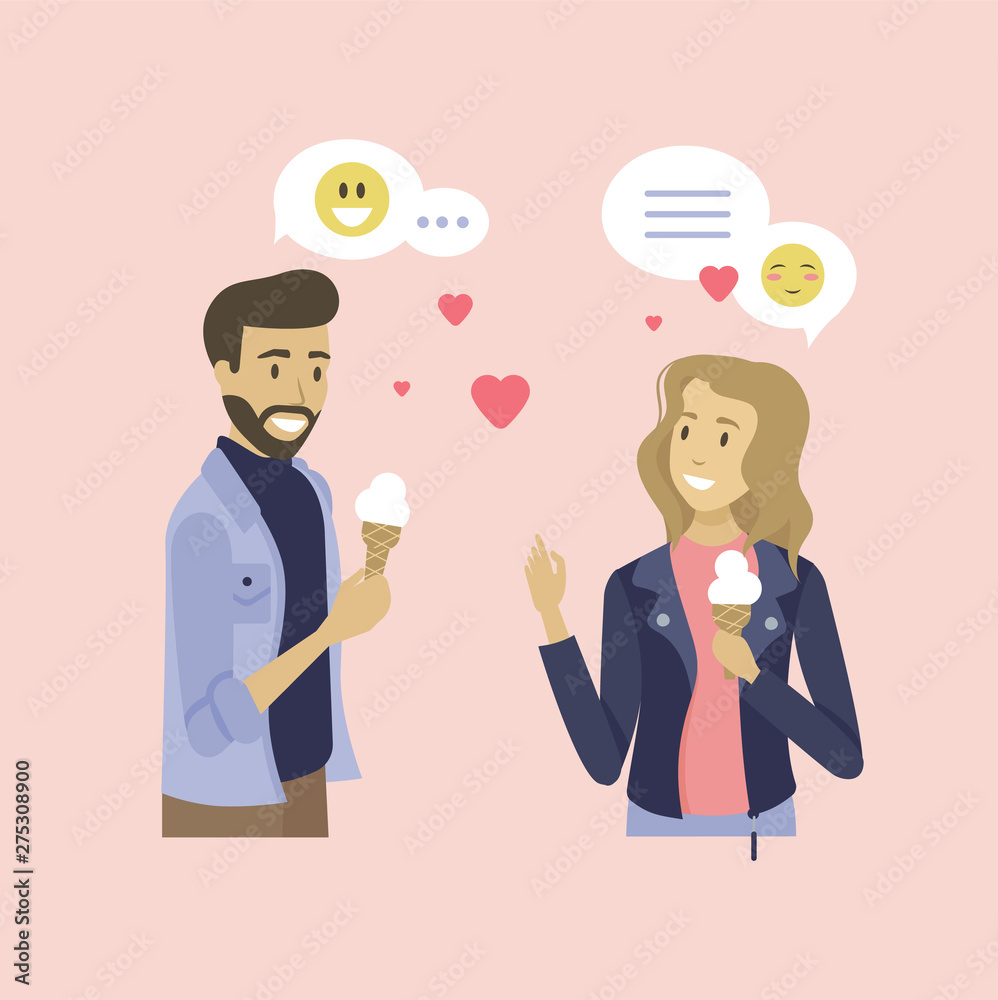 Man and woman characters speaking, people holding ice-cream, closeup and portrait view of couple on pink, dating online, heart and smile icons vector Man and woman characters speaking, people holding ice-cream, closeup and portrait view of couple on pink, dating online, heart and smile icons vector