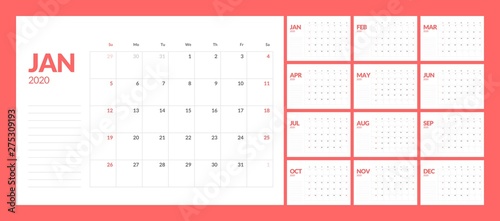 Calendar for 2020 year in clean minimal table simple style. Week Starts on Sunday. Set of 12 Months.