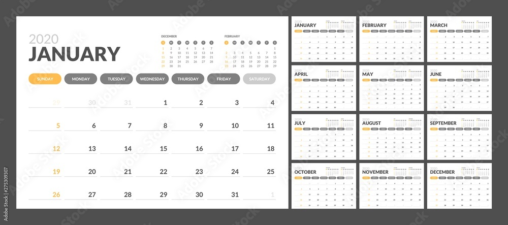Calendar for 2020 year in clean minimal table simple style. Week Starts on Sunday. Set of 12 Months. Calendar for 2020 year in clean minimal table simple style. Week Starts on Sunday. Set of 12 Months.