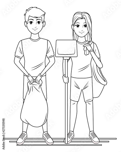 cleaning service person avatar cartoon character in black and white