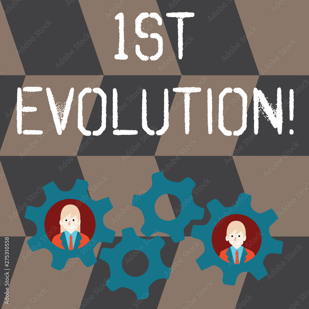 Handwriting text 1St Evolution. Conceptual photo Change in the genetic features of biological populations Two Business People Each Inside Colorful Cog Wheel Gears for Teamwork Event Handwriting text 1St Evolution. Conceptual photo Change in the genetic features of biological populations Two Business People Each Inside Colorful Cog Wheel Gears for Teamwork Event