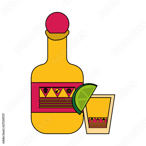 Tequila bottle and shot with lemon