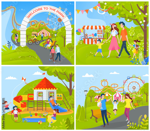 People having fun at amusement park vector, ferris wheel and attractions, carousel and decorations on playground, trees and natural rural area set