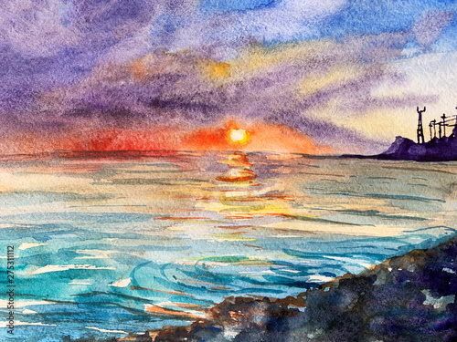 sunset over the sea watercolor illustration