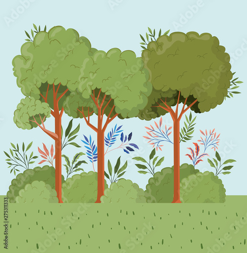 trees and leafs with bush landscape scene