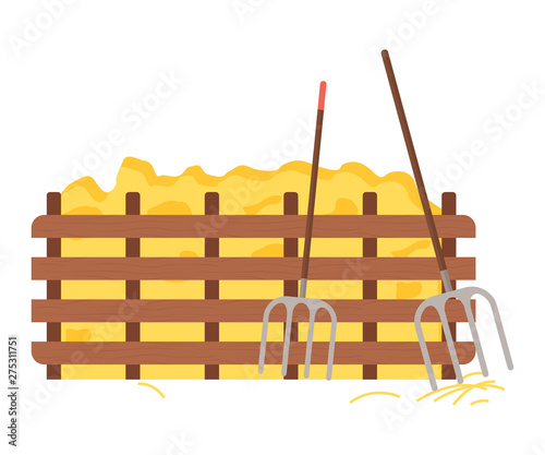 Hay bale vector, isolated agricultural scenery, tools for dried grass, hayforks and wooden fence with crops, countryside farming instruments flat style