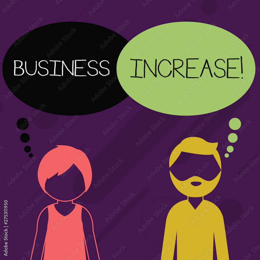 Word writing text Business Increase. Business photo showcasing improving some measure of an enterprise s is success Bearded Man and Woman Faceless Profile with Blank Colorful Thought Bubble